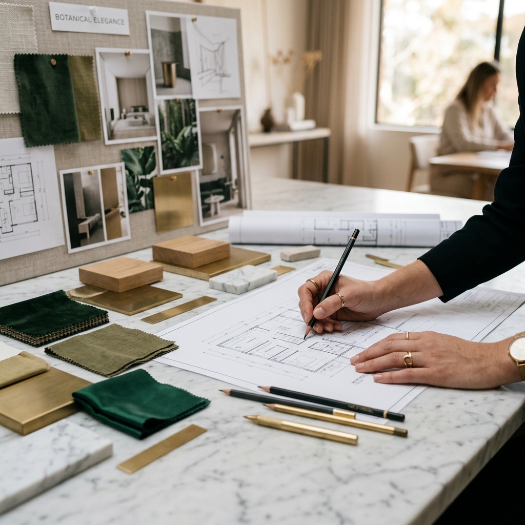 Interior design consultation with material swatches and blueprints