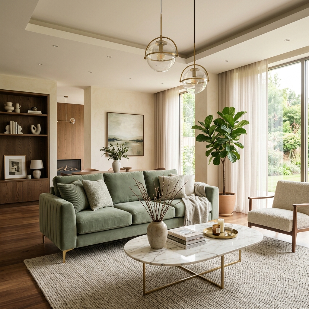Luxurious living room with sage green sofa and warm gold accents designed by ImaginaryInch