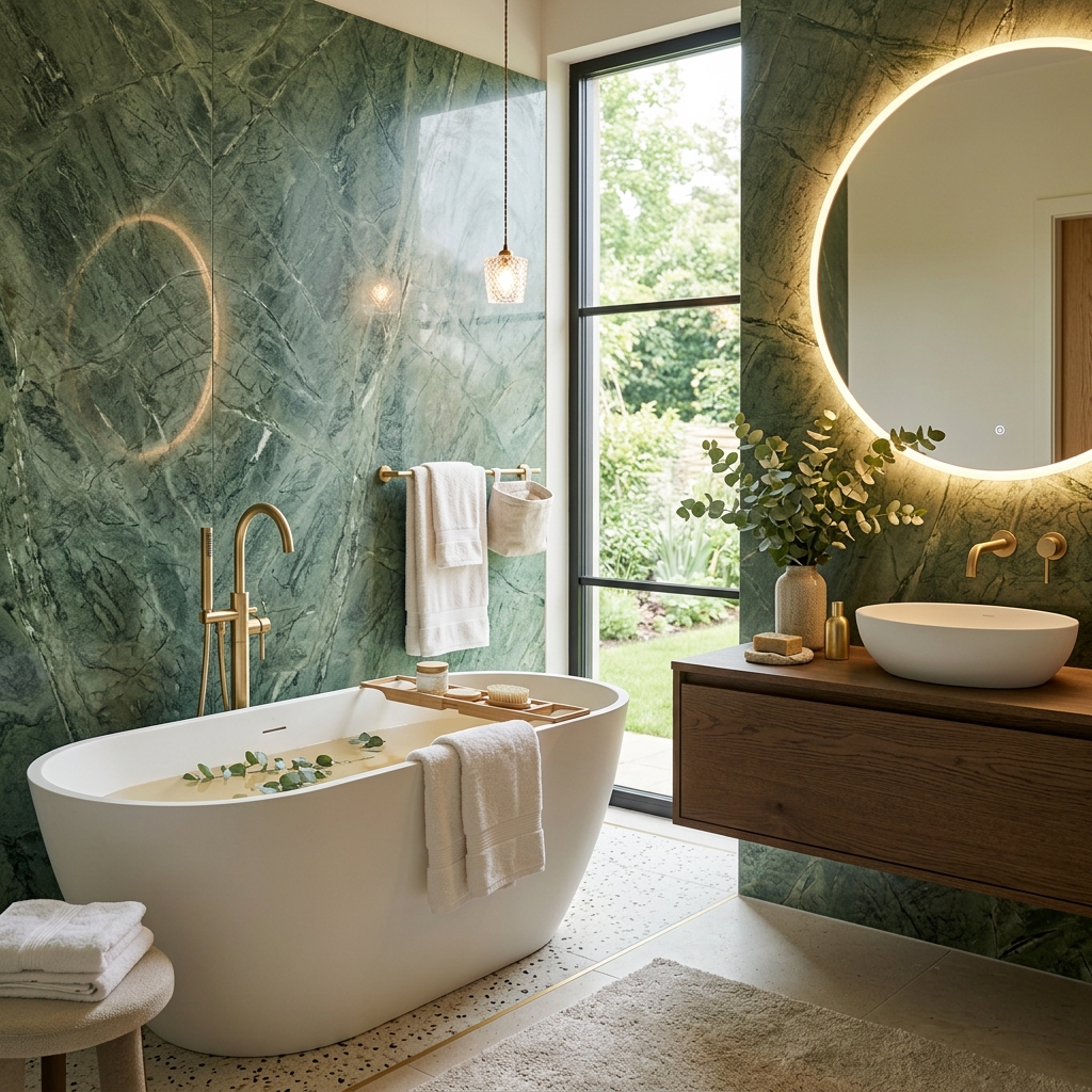 Luxury spa bathroom with green marble and gold fixtures