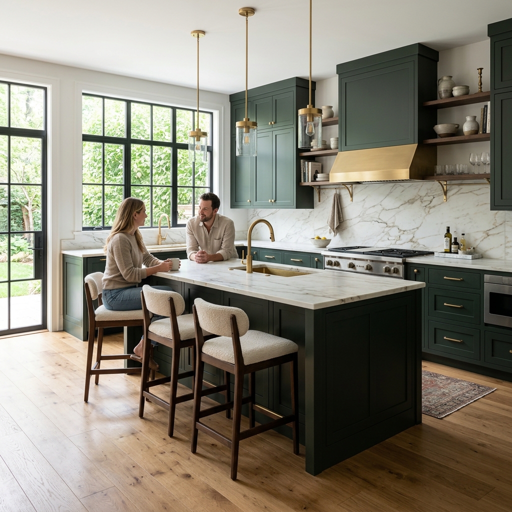 Modern luxury kitchen with dark green cabinetry and marble countertops