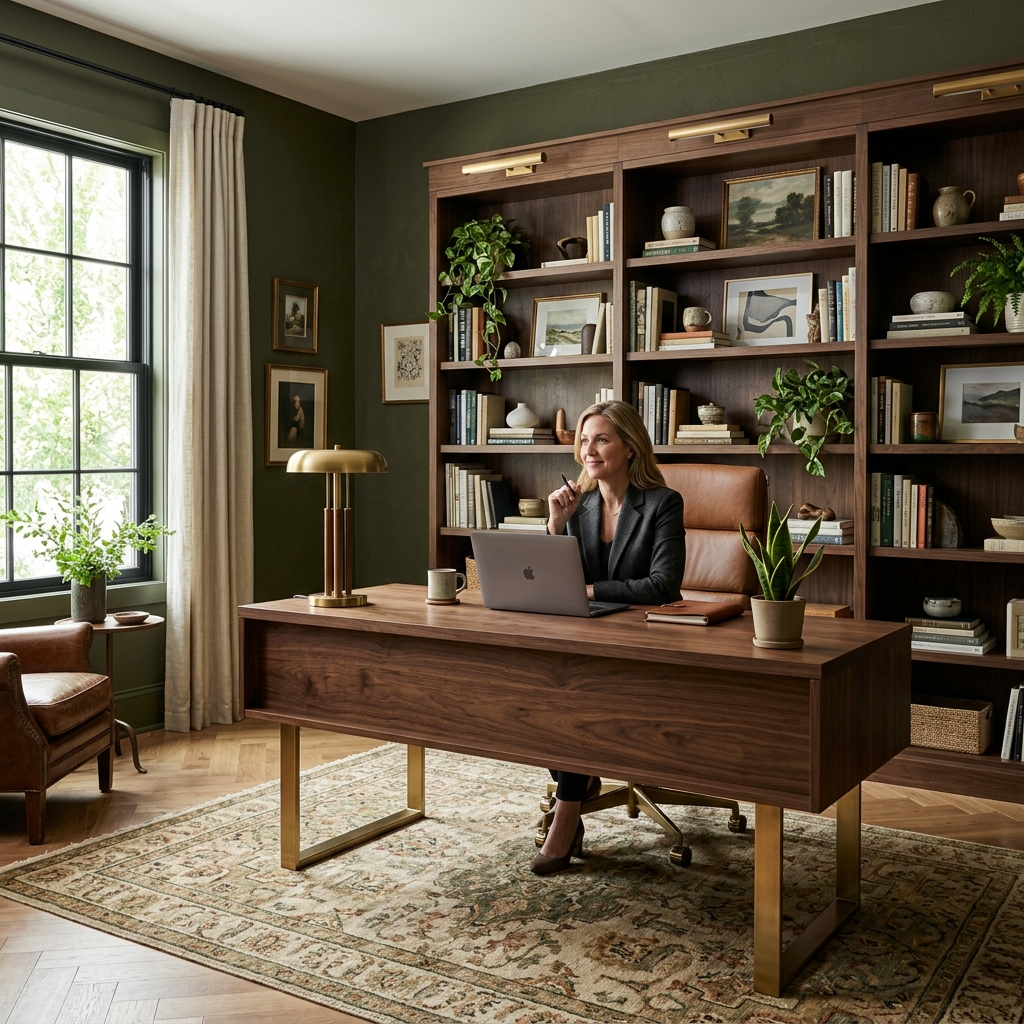 Sophisticated home office with olive green walls and brass details